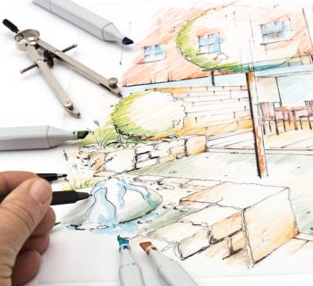 "Landscaping - drawing by Hand a Sketch of a modern small City Garden. Idea and Sketching is my own Work, Location is fictitious."